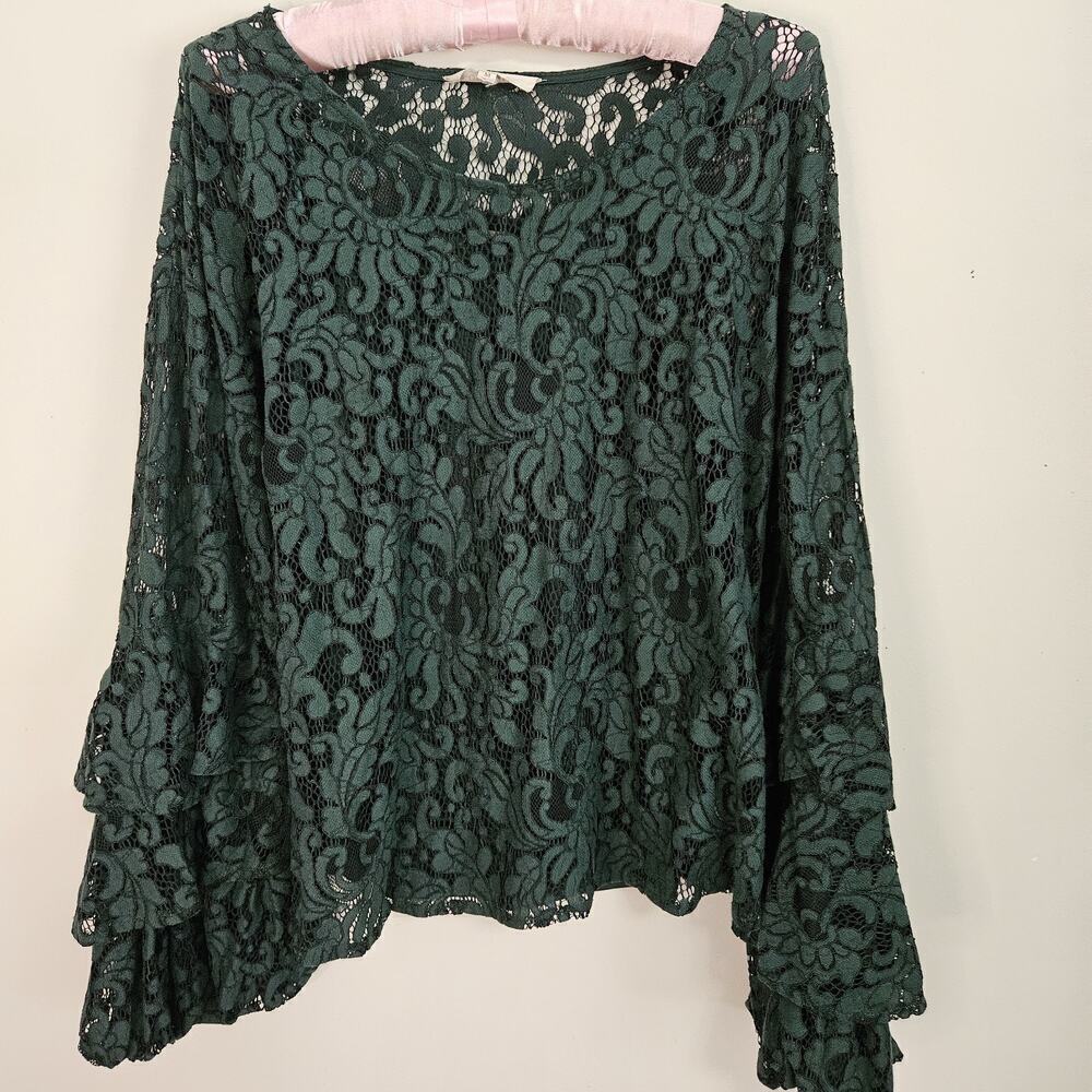 Solitaire Lace Ruffle Sleeve Layered Blouse Top Dark Jade Green Women's Size M